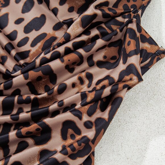 B252 Brown Spaghetti Straps Ruched Leopard Bodysuit - Picture 16 of 16